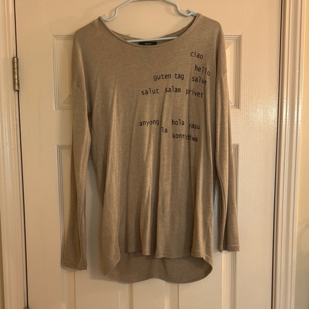 Very J Tan Long Sleeve Top with Multilingual Text